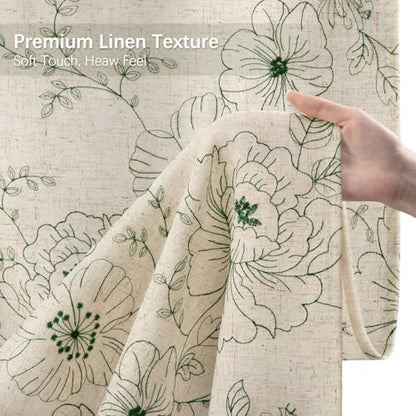 Farmhouse Floral Vintage Shower Curtain for Bathroom, Green Embroidered