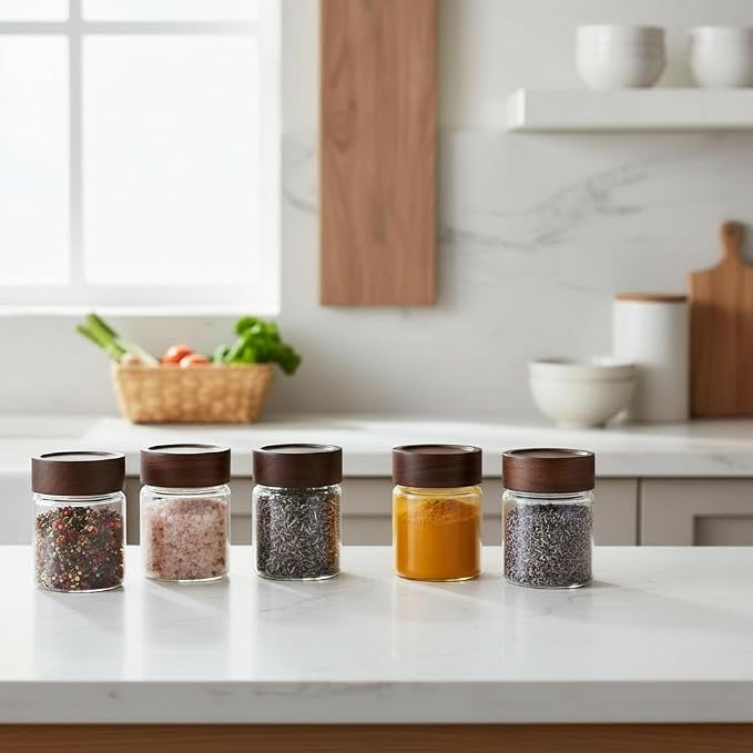 Wide Mouth Glass Storage Jars With 2.5" Acacia Wood Lids - 4 Pack of 6 Oz Food Storage Containers - Borosilicate Glass Canisters Sets For Kitchen - Pantry Organizers and Storage for Rice Coffee Beans