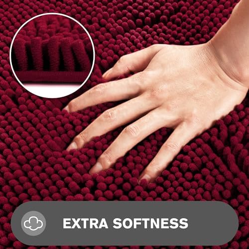 Vivid Burgundy Bathroom Rugs – Absorbent and Washable Bath Mat, Non-Slip, Thick Soft Chenille Bath Rugs for Bathroom Floor, Shower, Sink - 20" x 32"