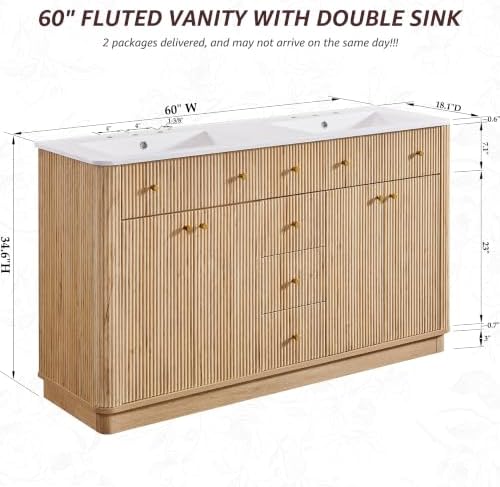 T4TREAM 60" Fluted Bathroom Vanity with Double Sink, Natural Oak