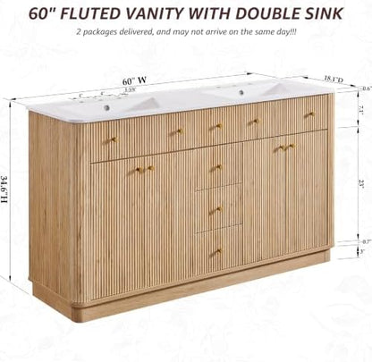 T4TREAM 60" Fluted Bathroom Vanity with Double Sink, Natural Oak
