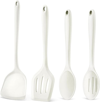 P&P CHEF Kitchen Utensil Set, 4 Pieces Non-stick Silicone Cooking Utensils, Heat-resistant Slotted Solid Spoon Turner for Frying, Mixing, Serving, Non-toxic & Easy to Clean, White