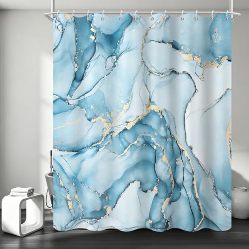 Aqua Blue Marble Shower Curtain Modern Abstract Luxury Gold Ink Texture Ombre Watercolor Bathroom Curtain Set with Hooks Soft and Lightweight Waterproof Fabric Machine Washable 72" Wx84 L