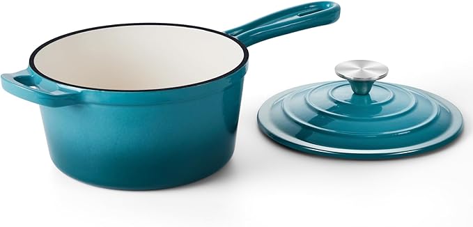 Onader 1QT Saucepan with Lid, Enameled Cast Iron Sauce Pan, Small Cast Iron Pot for Cooking, Enameled Dutch Oven Nonstick & Heavy Duty – Dark Cyan