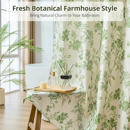 Warmstar Farmhouse Shower Curtain,Green Floral Shower Curtain for Bathroom Linen Look Vintage Shower Curtain with Weighted Hem,72" W x 84" L