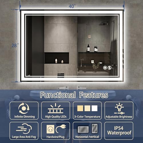 28“ x 40” LED Mirror for Bathroom, Dimmable 3 Colors, Fogless