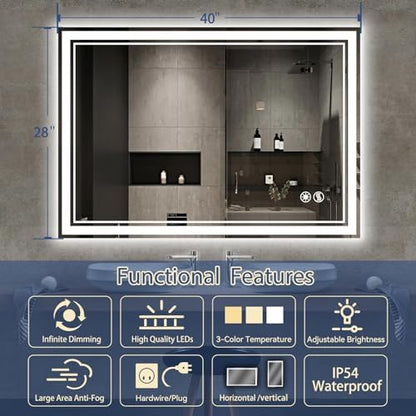 28“ x 40” LED Mirror for Bathroom, Dimmable 3 Colors, Fogless