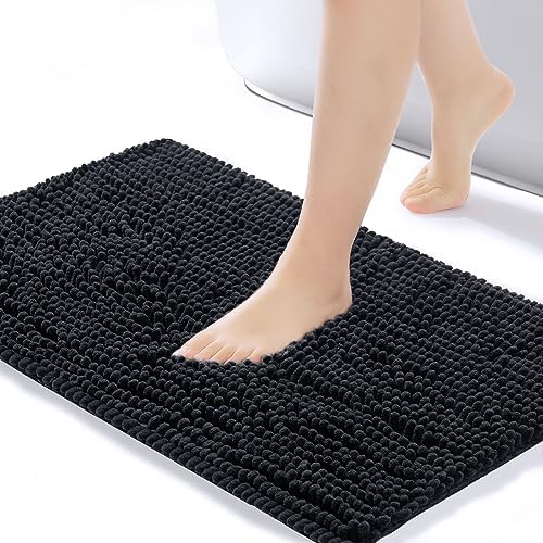 FRESHMINT Bath Mat 32’x20’, High Pile Chenille, Soft Absorbent Microfiber Rug, Non-Slip Black