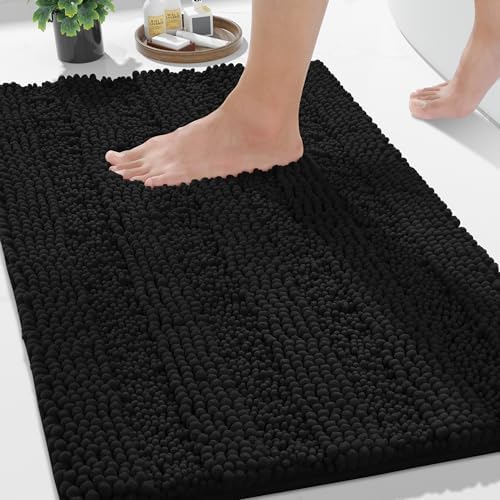Yimobra Bathroom Rug Mat, Non Slip and Super Absorbent Bath Mat, Machine Washable Quick Dry, Ultra Plush Chenille Shower Rugs for Bathroom Floor Sink Tub and Shower Outside, Black, 24 x 17