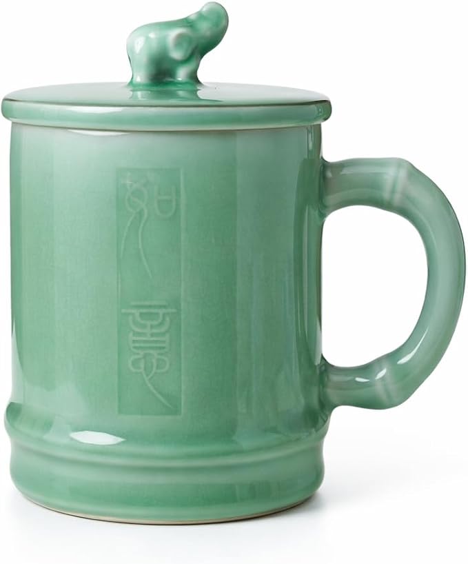 Elephant Lid Ceramic Mug, 12oz Handcrafted Longquan Celadon — Loose Leaf Tea Infuser Cup with Handle, Jade Green Porcelain, Meaningful Gift for Tea Lovers, Gift Box