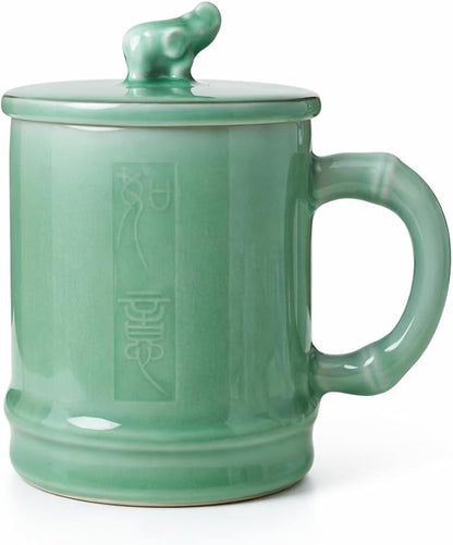Elephant Lid Ceramic Mug, 12oz Handcrafted Longquan Celadon — Loose Leaf Tea Infuser Cup with Handle, Jade Green Porcelain, Meaningful Gift for Tea Lovers, Gift Box