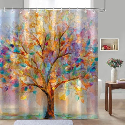 Moonslim Colorful Tree Shower Curtains, Stained Glass Trees Leaves Colored Seasons Fabric Shower Curtain Set Modern Aesthetic Bath Curtain for Bathroom Decor Waterproof Cloth with Hooks 72X72 Inch