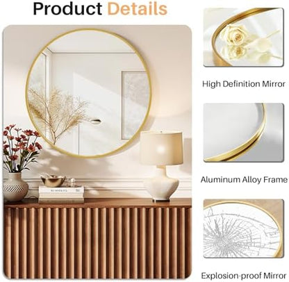 30 Inch Round Bathroom Mirror for Wall, Matte Gold Metal Framed