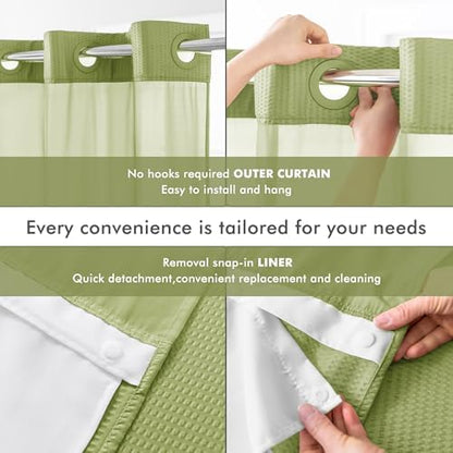 Mrs Awesome No Hook Shower Curtain with Snap-in Liner, Embossed Waffle Design Fabric Shower Curtain for Bathroom, Soft & Lightweight, 71x74, Sage Green
