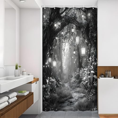 Fantasy Forest Path Shower Curtain Grey Fairy Magical Enchanted Misty Jungle Mushroom Floral Tree Butterfly Lantern Wonderland Bath Curtain Fabric Bathroom Accessories Decor with Hooks 47W x70L