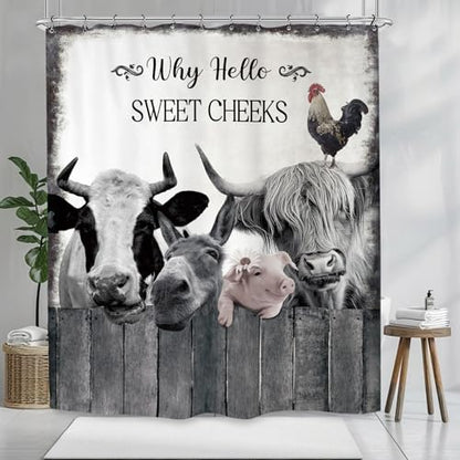 Farmhouse Animal Farm Funny Shower Curtain 60Wx72L Inch Bull Cow Pig Donkey Rustic Country Bathroom Set Accessories Decor Polyester Waterproof with 12 Pack Hooks
