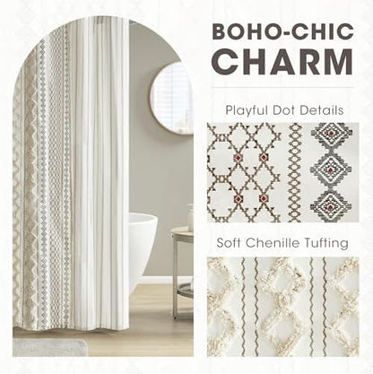 INK+IVY Imani Tufted Chenille 100% Cotton Shower Curtains Machine Washable, Modern Home Bathroom Décor Bathtub Privacy Screen, 72" x 72", Ivory