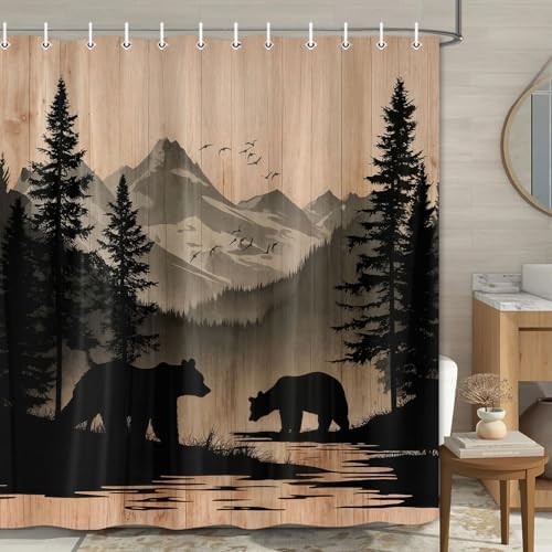 Rustic Cabin Shower Curtain, Mens Outdoor Bear Forest Wildlife Country Farmhouse Bath Curtains, Hunting Camping Camper RV Waterproof Fabric Bathroom Decor Accessories Set with Hooks,60X70IN