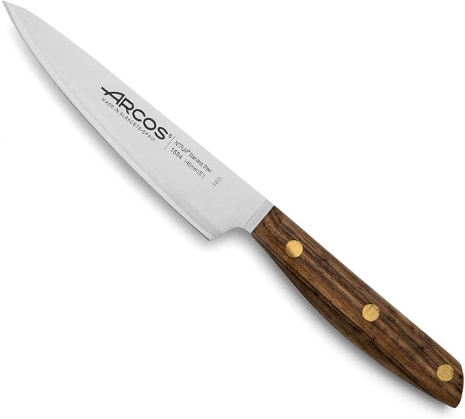 Arcos Chef Knife 5 Inch Stainless Steel. Professional Kitchen Knife for Cooking. Ovengkol Wood Handle 100% natural FSC and 140 mm Blade. Series Nordika. Color Brown.