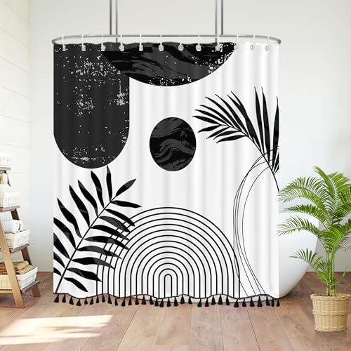 Boho Mid Century Leaf Shower Curtain Set,Arch Sun Design,Minimalistic Leaves Pattern,Waterproof and Luxurious Fabric-12 Hooks(Black-72" x 78")