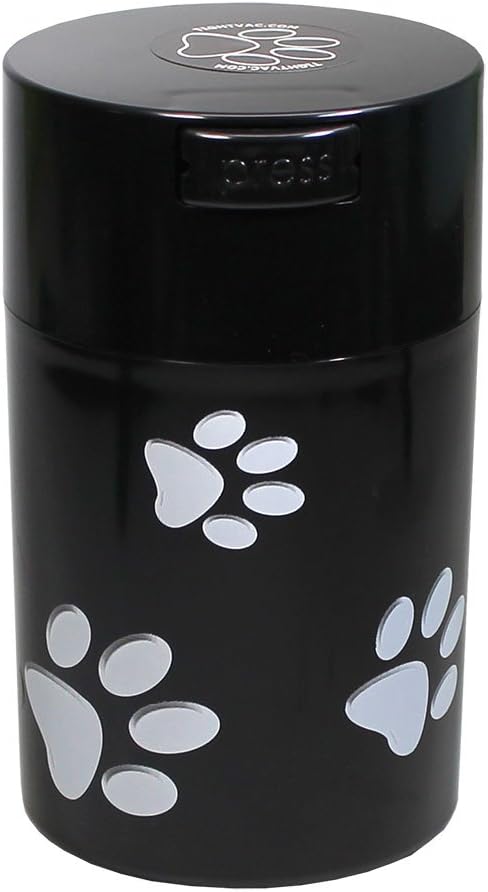 Tightpac Pawvac 1 to 6 Ounces Container, Airtight Pet Food and Treats Storage Jar - Patented Vacuum Seal Container for Pet Food, Treats and other Dry Goods - Black with Paws