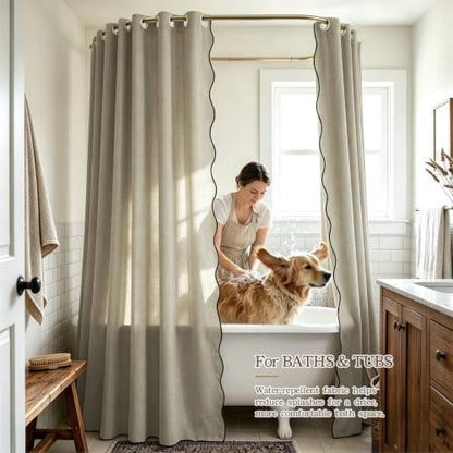 Furlinic No Hook Shower Curtain Scalloped Boho Taupe Linen Fabric 96 Inch