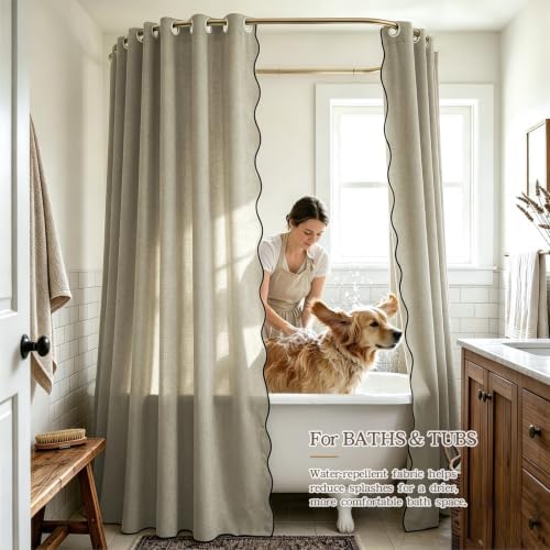 Furlinic Scalloped Shower Curtain No Hook Boho 78x75 Extra Wide Linen Taupe