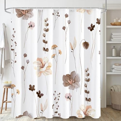 Gibelle Brown Beige Watercolor Floral Fabric Shower Curtain, 72x84