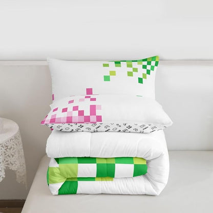 Manfei Pixelated Style Comforter Set Queen Size,Gamepad Miners Video Games Duvet Insert Adults Bedroom Decor,Miners Lattice Bedding Set,Pink Green Ultra Soft Microfiber Inner Fill 3Pcs Bedding