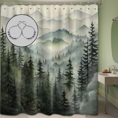 Sage Green Forest Extra Long Shower Curtain, Tall 72X78 in, Mountain