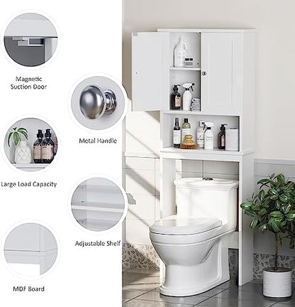 Over the Toilet Storage Cabinet, Bathroom Storage Organizer Over Toilet, Space Saver W/Adjustable Shelf & Open Shelf, White