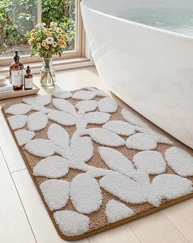 DEXI Bathroom Rugs Non Slip Washable 32x20, Boho White Leaf Bath Mat, Brown