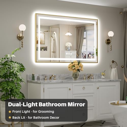 55x36 Inch LED Bathroom Mirror with Gold Frame, Backlit & Front Lit