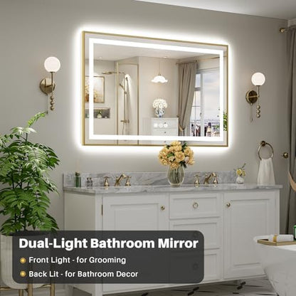 55x36 Inch LED Bathroom Mirror with Gold Frame, Backlit & Front Lit
