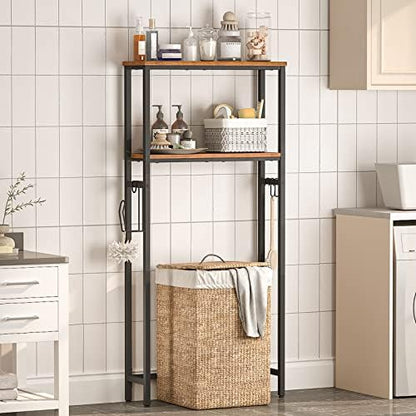 HOOBRO Over The Toilet Storage, 2-Tier freestanding Over the Toilet Storage, Bathroom Organizer Over Toilet with Toilet Paper Holder and Hooks, Space Saver for Room, Rustic Brown and Black BF49TS01