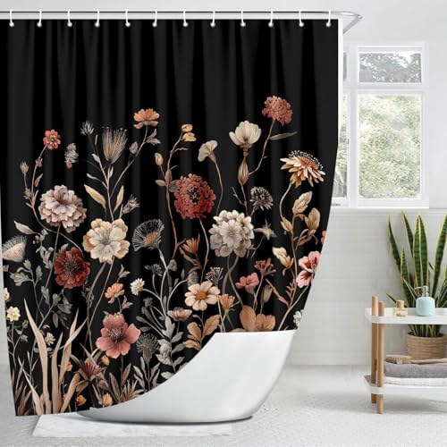 Vintage Boho Black Floral Shower Curtain, Beige Brown Cream Tan Rustic Farmhouse Flower Shower Curtain Set, Cute Botanical Wlidflowers Fabric Shower Curtains Decoration, 72X78 Bathroom Accessories