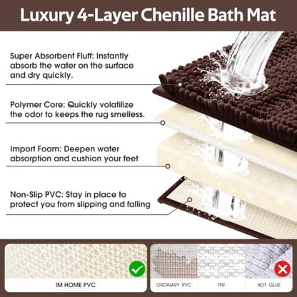 ACCUMTEK Striped Brown Bathroom Rug Set 3 Pieces Ultra Soft, Non Slip Chenille Toilet Mat, Absorbent Plush Shaggy Bath Mats for Bathroom, Bedroom, Kitchen