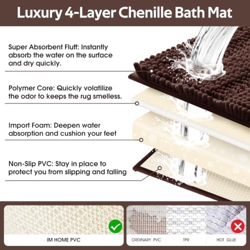 ACCUMTEK Striped Brown Bathroom Rug Mat Set 2 piece 32"x20"+60"x20" Ultra Soft, Non Slip Chenille Bath Rugs, Absorbent Plush Shaggy Bath Mats for Bathroom, Bedroom, Kitchen, Shower, Tub