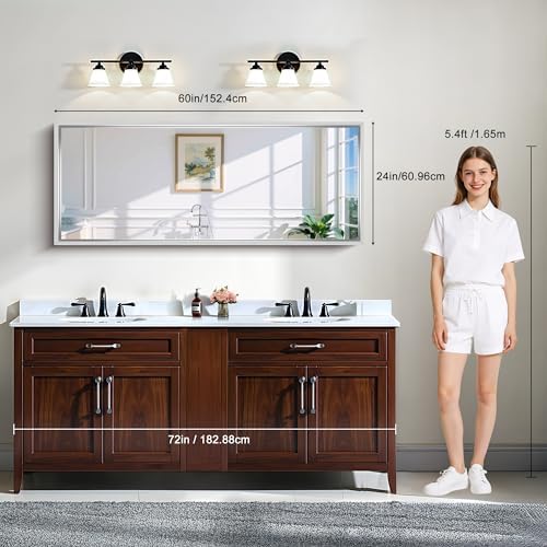 CIRCUMI 60"x24" Brushed Silver Bathroom Mirror, Double Sink Vanity Mirror