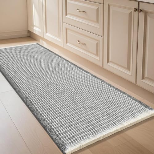 IM HOME Waffle Bath Mat Darkgrey & Cream 5'x2', Boho Woven Modern Bath Mat Rugs, Absorbent Non Slip Bathroom Rugs, Soft Washable Bath Rugs with Tassels for Bathroom, Bedroom, Kitchen, Shower, Tub
