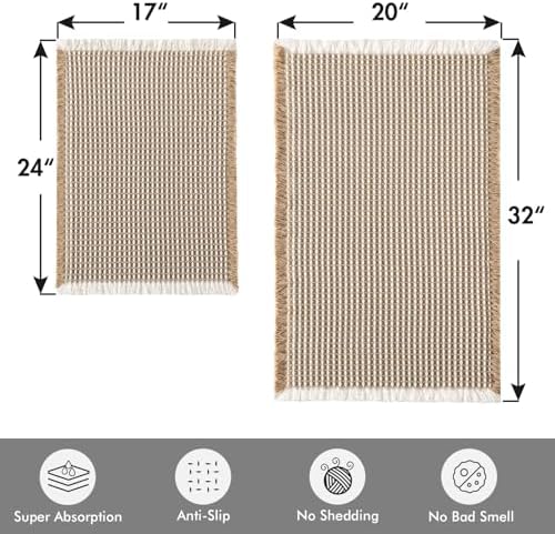 MIULEE Set of 2 Waffle Bathroom Rugs Brown&White Bath Mat 17"x24"+20"x32"
