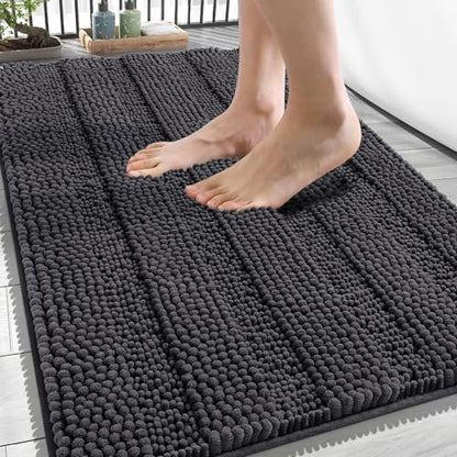 OLANLY Thick Bathroom Rugs 34x21, Chenille Striped Bath Rugs, Dark Grey