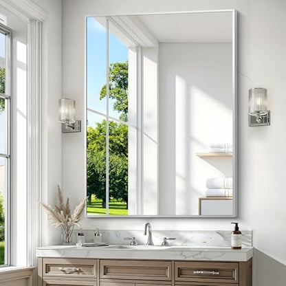 BONEWEI Silver Bathroom Mirror,36x48 inch Wall Mirror for Bathroom Wall Mounted,Large Rectangle Mirror for Bathroom Over Sink,Modern Metal Frame for Living Room,Bedroom Entryway,Horizontal/Vertical