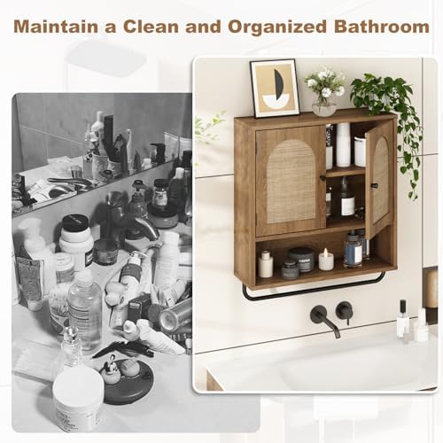 RUSTOWN Rattan Bathroom Wall Cabinet, Boho Medicine Cabinet with 2 Doors