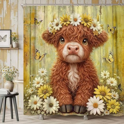Cute Cow Shower Curtain, Farmhouse Rustic Yellow Floral Daisy Highland Cow Shower Curtains for Bathroom, Calf Country Farm Animal Garden Plant Fabric Bathroom Decor with Hooks, 54x72 inch