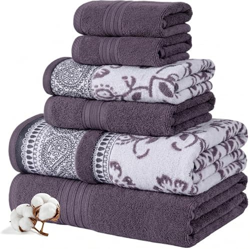Modern Threads 6 Piece Bath Towel Set – Bathroom Set with 2 Bath Towels, 2 Hand Towels, and 2 Wash Cloths – 100% Cotton, Super Absorbent & Extra Soft – Reversible Floral Trail (Purple)