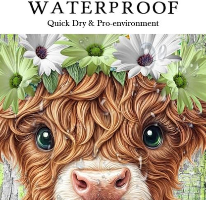 Farmhouse Flower Floral Shower Curtain, Rustic Funny Highland Cow Daisy Shower Curtain Set, Country Wild Garden Plant Fabric, Brown Wooden Board Bathroom Accessories Curtains with Hooks 70X70in