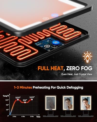 Heated Shower Mirror Fogless for Shaving (Gen 3) - 3 Colors Stepless Dimmable Lights, Anti-Fog Shaving Mirror with Razor Holder, No-Drilling, Removable - Black