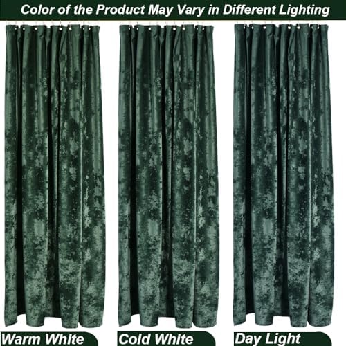 TAMGHO Extra Long Shower Curtain 84 inch Height, Crushed Velvet XL Shower Curtain Set with 12 Gold Hooks, Waterproof Thick Fabric, Machine Washable, 72W x 84H, Dark Green