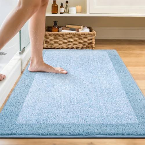48x32 Bathroom Rugs Non Slip Washable, Soft Absorbent Bath Mat Light Blue